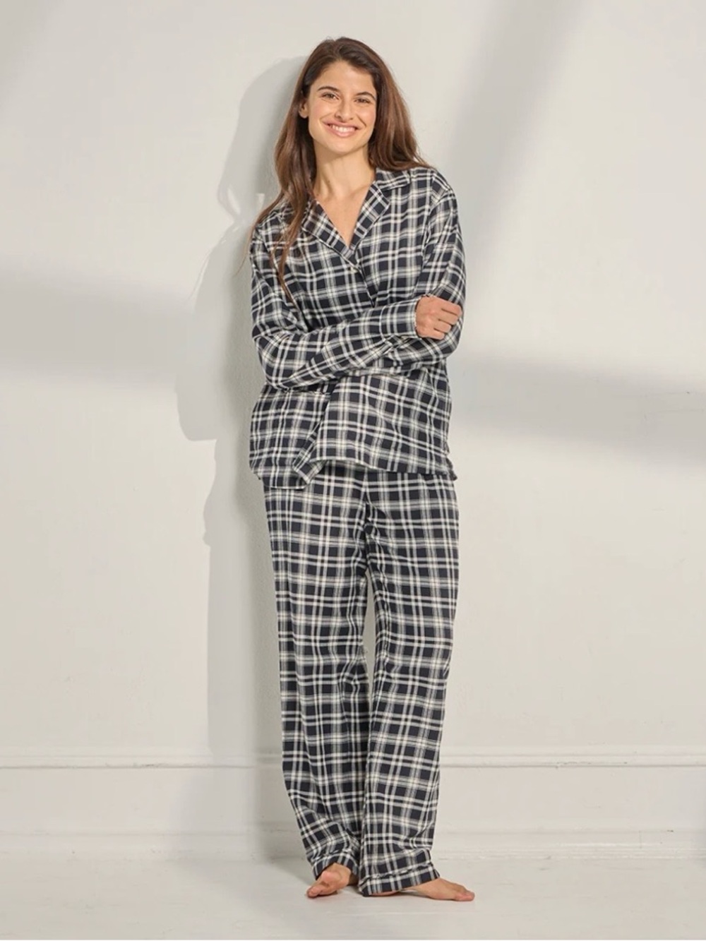 THE SLEEP CODE 100% Cotton Brushed Flannel Long PJ Set Black & White Plaid SMALL